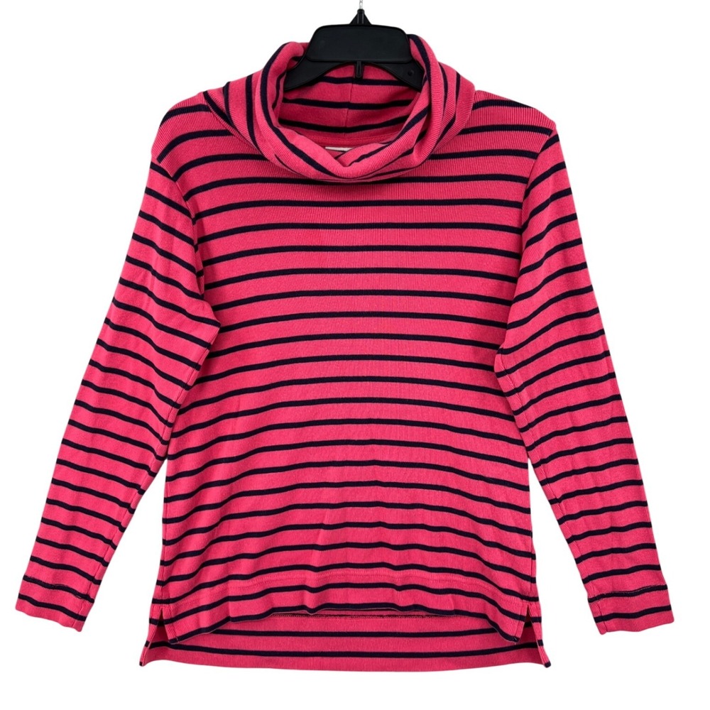 L.L.Bean Cowl Neck Top Size M Pink Navy Striped Ribbed Cotton Preppy Nautical